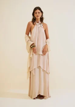 Vestido Gola Alta Aéria Bege