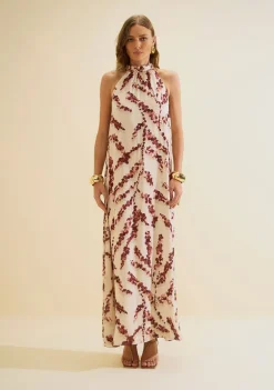 Vestido Gola Alta Flora Bege