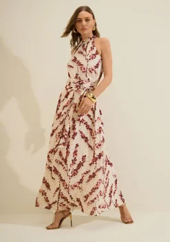 Vestido Gola Alta Flora Bege
