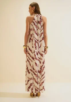 Vestido Gola Alta Flora Bege