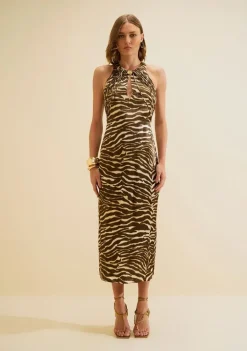 Vestido Gola Alta Miragem Bege