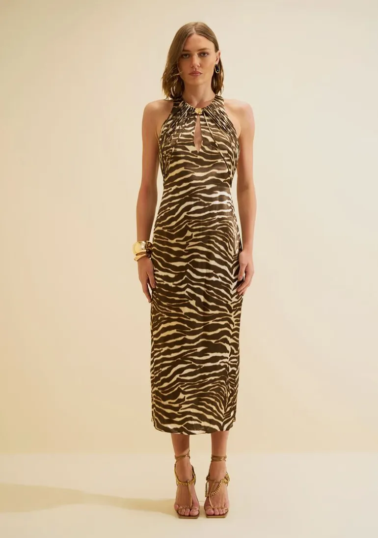 Vestido Gola Alta Miragem Bege