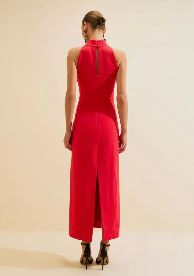 Vestido Midi Gola Alta Carmim Vermelho