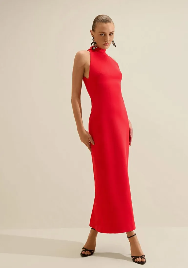 Vestido Midi Gola Alta Carmim Vermelho