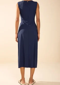 Vestido Morena Rosa Ajustado Decote Careca Sem Manga Midi Azul Escuro