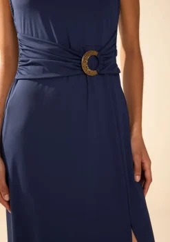 Vestido Morena Rosa Ajustado Decote Careca Sem Manga Midi Azul Escuro