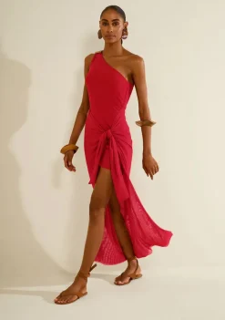 Vestido Morena Rosa Ajustado Um Ombro Só Sem Manga Longo Vermelho
