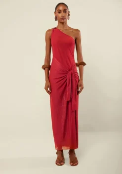 Vestido Morena Rosa Ajustado Um Ombro Só Sem Manga Longo Vermelho