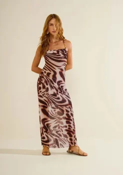 Vestido Morena Rosa Ajustado Decote Costas Sem Manga Longo Bege