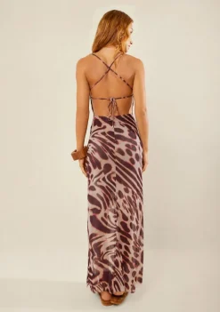 Vestido Morena Rosa Ajustado Decote Costas Sem Manga Longo Bege