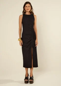 Vestido Morena Rosa Ajustado Decote Careca Sem Manga Midi Preto