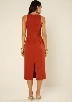 Vestido Morena Rosa Ajustado Decote Careca Sem Manga Midi Marrom