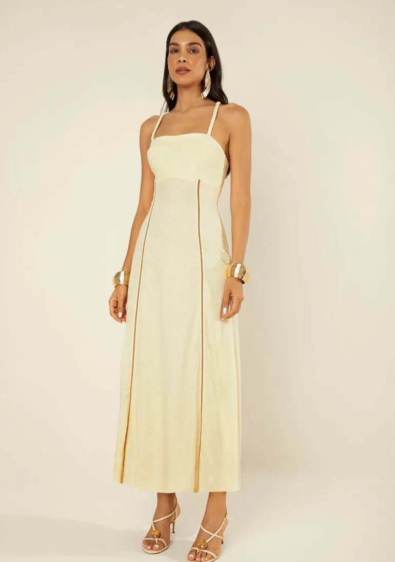 Vestido Morena Rosa Ajustado Decote Reto Sem Manga Midi Amarelo