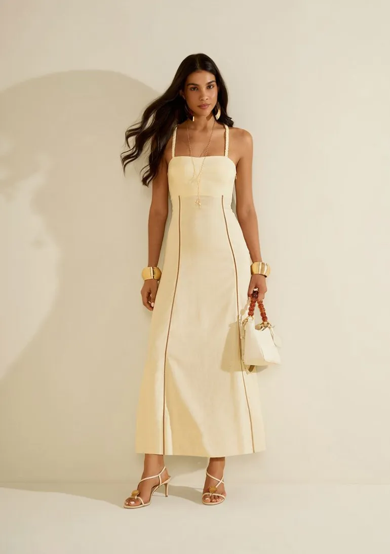 Vestido Morena Rosa Ajustado Decote Reto Sem Manga Midi Amarelo
