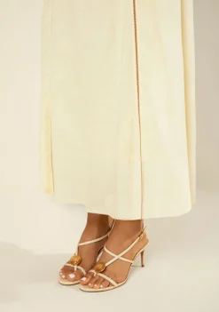 Vestido Morena Rosa Ajustado Decote Reto Sem Manga Midi Amarelo