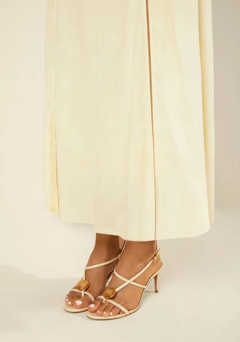 Vestido Morena Rosa Ajustado Decote Reto Sem Manga Midi Amarelo