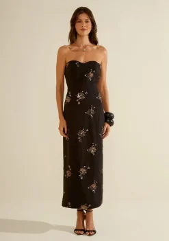 Vestido Morena Rosa Ajustado Decote Reto Sem Manga Midi Preto