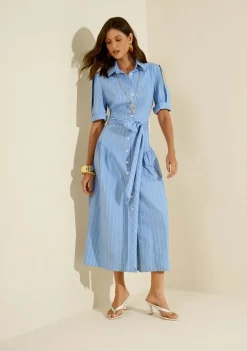 Vestido Morena Rosa Ajustado Gola Clássica Manga Curta Midi Azul Escuro