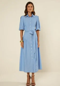 Vestido Morena Rosa Ajustado Gola Clássica Manga Curta Midi Azul Escuro