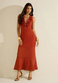 Vestido Morena Rosa Ajustado Decote V Sem Manga Longo Vermelho