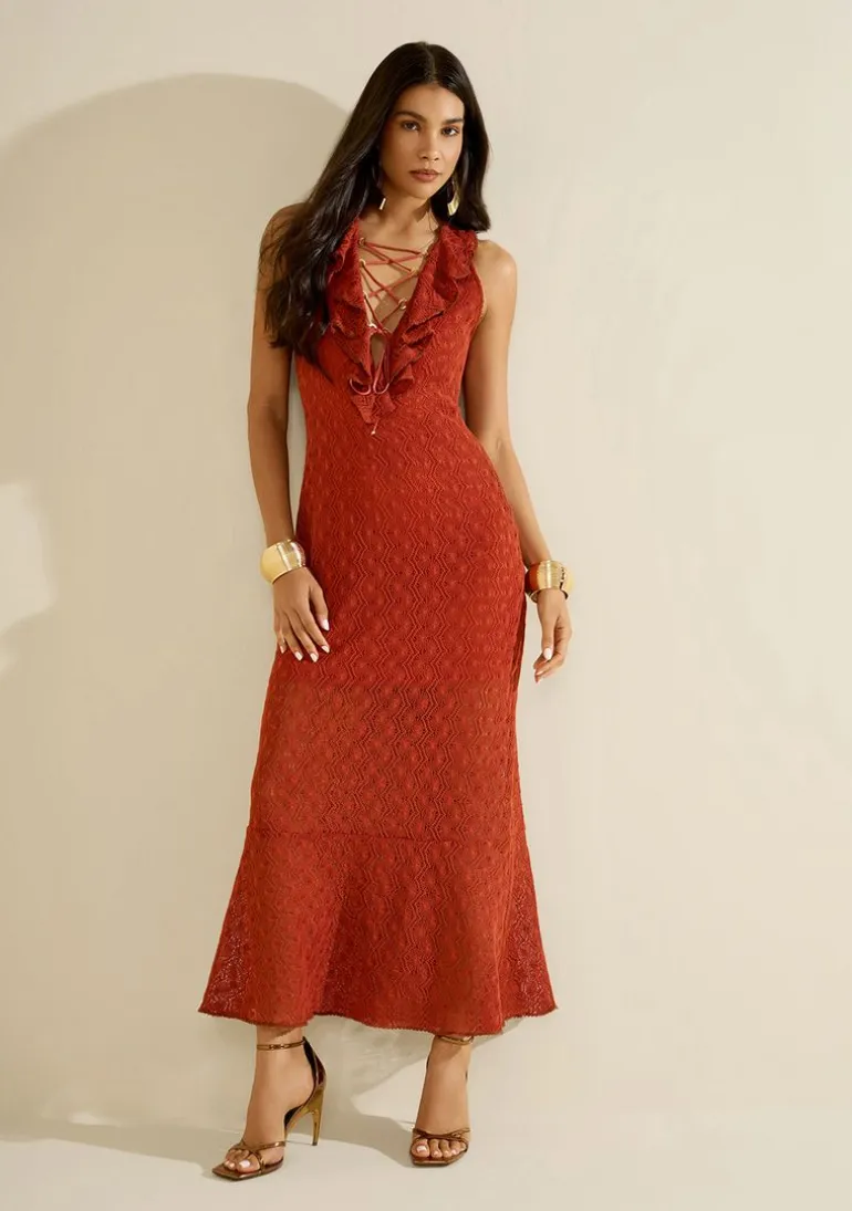 Vestido Morena Rosa Ajustado Decote V Sem Manga Longo Vermelho
