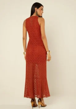 Vestido Morena Rosa Ajustado Decote V Sem Manga Longo Vermelho