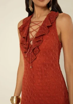 Vestido Morena Rosa Ajustado Decote V Sem Manga Longo Vermelho