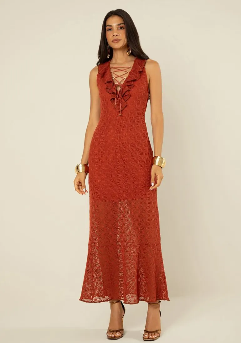 Vestido Morena Rosa Ajustado Decote V Sem Manga Longo Vermelho