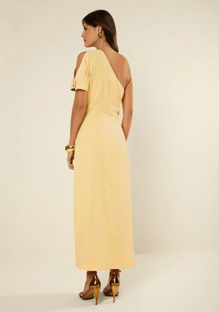 Vestido Morena Rosa Ajustado Um Ombro Só Manga Curta Midi Amarelo