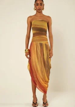 Vestido Morena Rosa Ajustado Decote Reto Sem Manga Longo Laranja/Amarelo