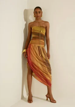 Vestido Morena Rosa Ajustado Decote Reto Sem Manga Longo Laranja/Amarelo