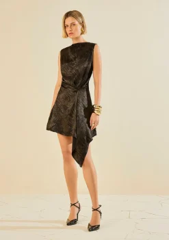 Vestido Morena Rosa Ajustado Gola Alta Sem Manga Curto Preto