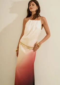 Vestido Morena Rosa Ajustado Decote V Com Alça Longo Bege