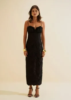 Vestido Morena Rosa Ajustado Decote Reto Com Alça Midi Preto