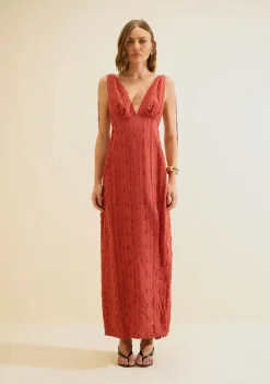 Vestido Morena Rosa Ajustado Decote V Sem Manga Longo Vermelho