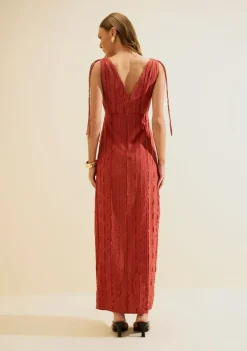 Vestido Morena Rosa Ajustado Decote V Sem Manga Longo Vermelho