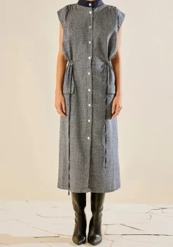 Vestido Morena Rosa Ajustado Gola Alta Sem Manga Midi Azul Marinho