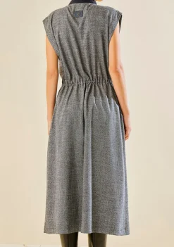 Vestido Morena Rosa Ajustado Gola Alta Sem Manga Midi Azul Marinho