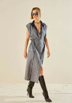 Vestido Morena Rosa Ajustado Gola Alta Sem Manga Midi Azul Marinho