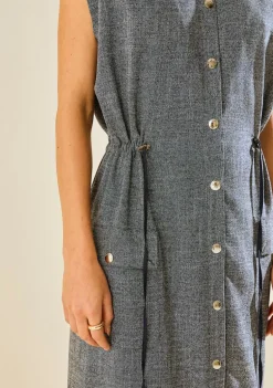 Vestido Morena Rosa Ajustado Gola Alta Sem Manga Midi Azul Marinho
