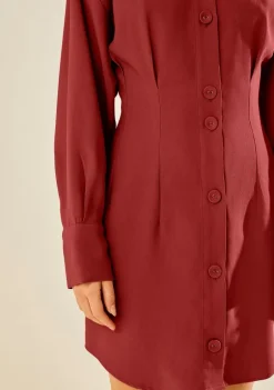 Vestido Morena Rosa Ajustado Gola Clássica Manga Longa Curto Vermelho