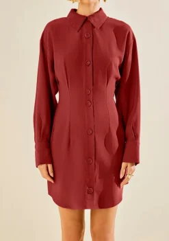 Vestido Morena Rosa Ajustado Gola Clássica Manga Longa Curto Vermelho