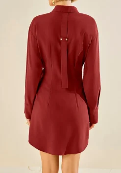 Vestido Morena Rosa Ajustado Gola Clássica Manga Longa Curto Vermelho