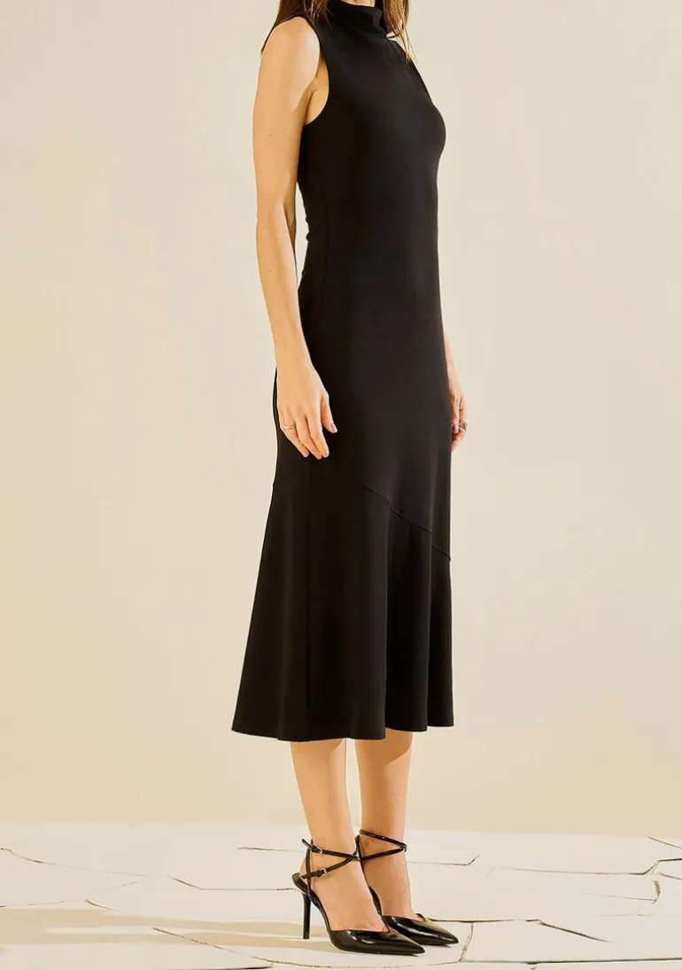 Vestido Morena Rosa Ajustado Gola Alta Sem Manga Midi Preto