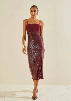 Vestido Morena Rosa Ajustado Decote V Sem Manga Midi Bordo