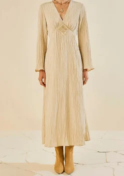 Vestido Morena Rosa Ajustado Decote V Manga Longa Midi Bege
