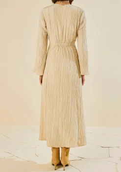 Vestido Morena Rosa Ajustado Decote V Manga Longa Midi Bege