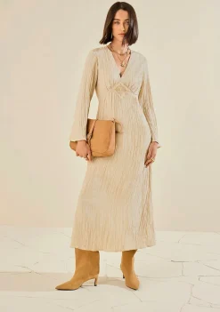Vestido Morena Rosa Ajustado Decote V Manga Longa Midi Bege