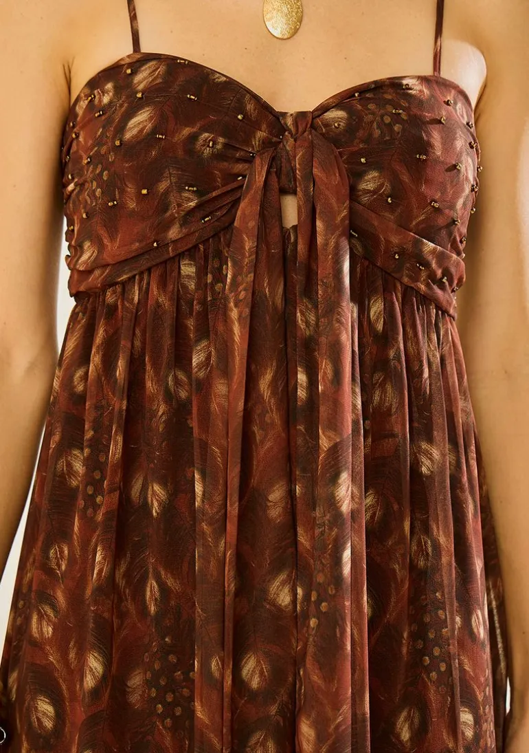 Vestido Morena Rosa Ajustado Decote Reto Com Alça Midi Marrom