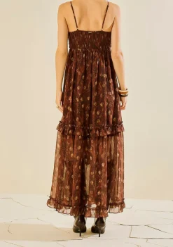 Vestido Morena Rosa Ajustado Decote Reto Com Alça Midi Marrom